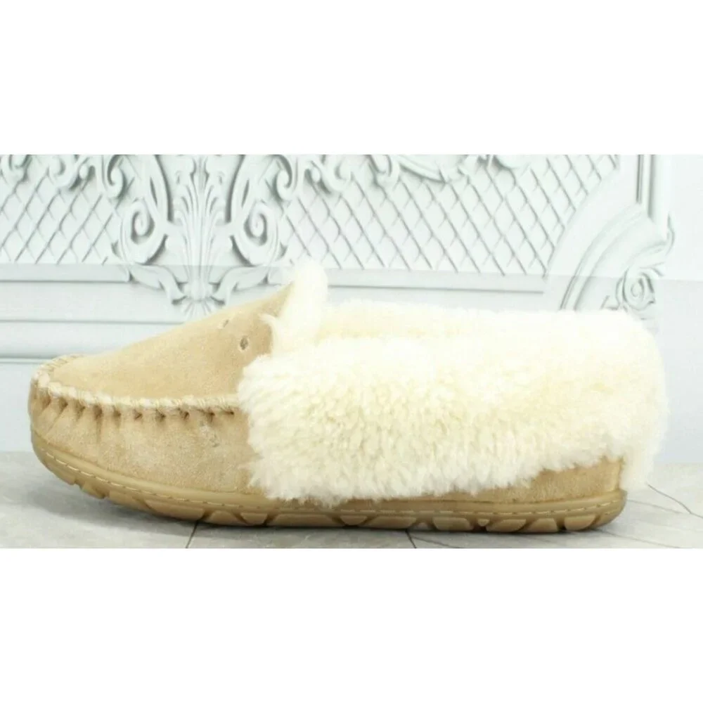 LL Bean Brown Suede Wicked Good Shearling Lined Moccasin Slippers 7 M - Picture 1 of 10